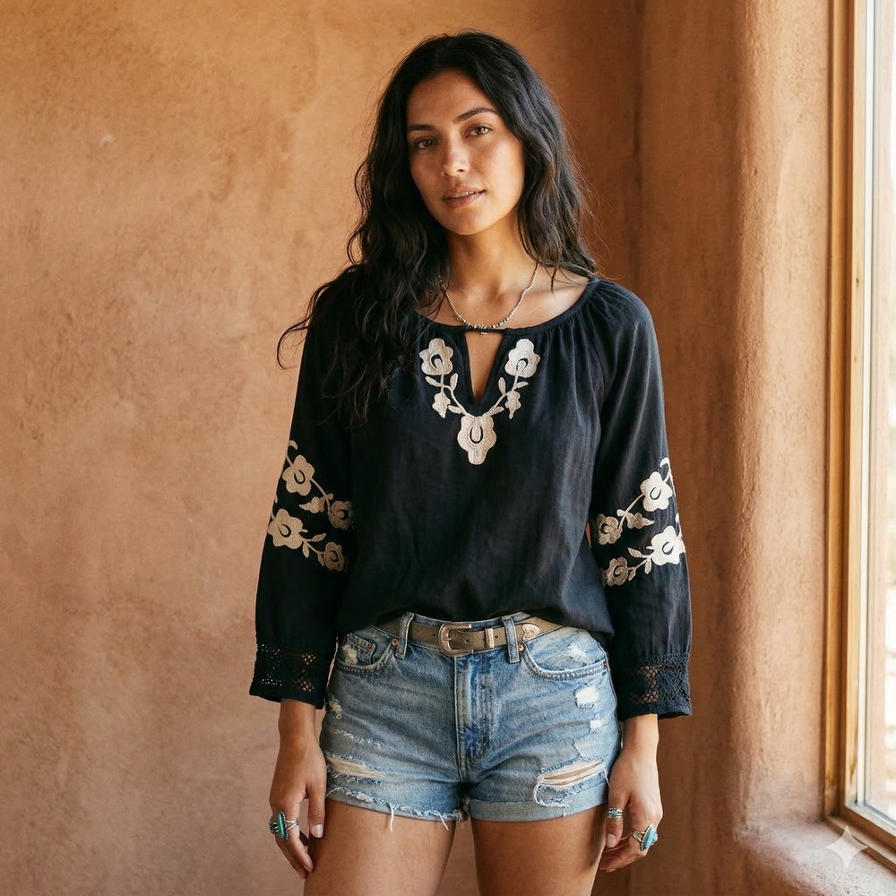 Scully‎ Top Womens Medium Black Embroidered Floral Peasant Blouse Boho Western